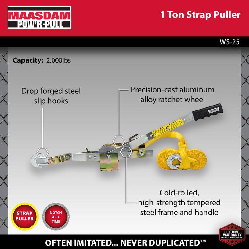 Maasdam Pow'R Pull 2,000 lb. 1-Ton Capacity 25 ft. Max Lift 10:1 Leverage Web Strap Puller Come Along Tool - WS-25