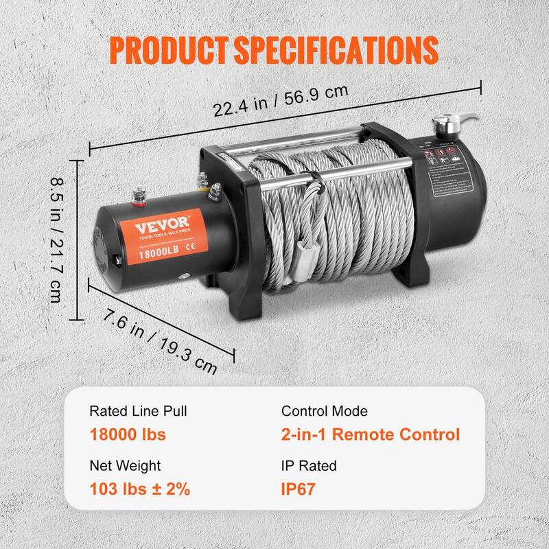 VEVOR Electric Winch 18,000 lbs. Load Capacity ATV 85 ft. Steel Rope Winch with Wireless Handheld Remote and 4-Way Fairlead - DDGSSJPGSSYCYK2FXV9