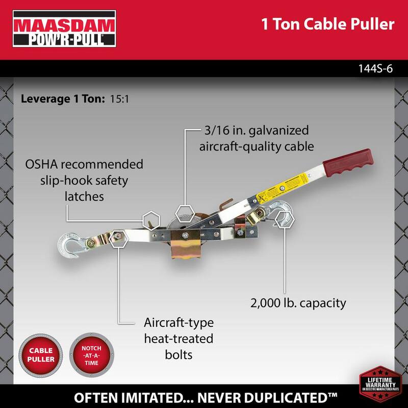 Maasdam 2,000 lb. 1-Ton Capacity 12 ft. Max Lift 15:1 Leverage Winch Puller Come Along Tool with 12 ft. of Cable Included - 144S-6