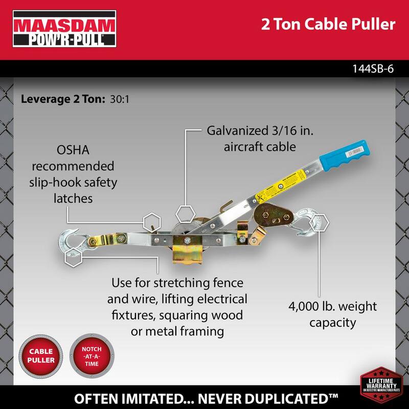 Maasdam Pow'R Pull 4,000 lb. 2-Ton Capacity 6 ft. Max Lift 30:1 Leverage Winch Puller Come Along Tool with 6 ft. of Cable Included - 144SB-6