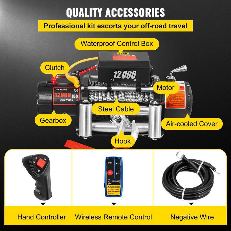 VEVOR 12000 lbs. Truck Winch 85 ft. Electric Winch Steel Cable 12-Volt Winch with Wireless Remote Control and Powerful Motor - DDJP1.2WB85FTGS01M2