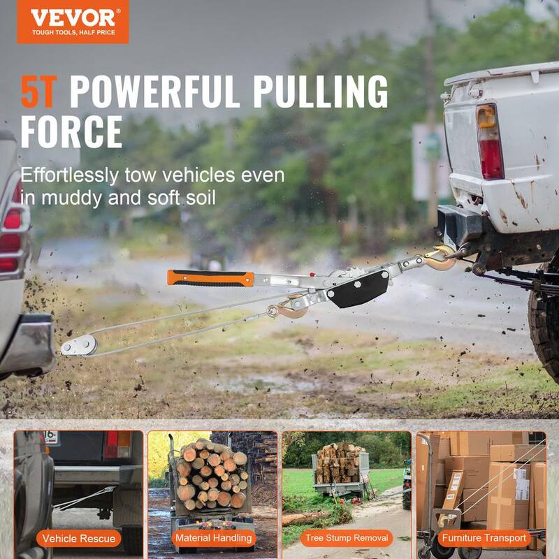 VEVOR Rope Puller 5 Ton Pulling Capacity Heavy Duty Ratchet Power Win. Puller with 11.5 ft. Steel Cable for Vehicle Rescue - GSSJXQ5T13YC77Z63V0