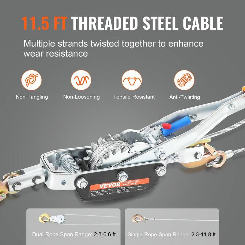 VEVOR Rope Puller 5 Ton Pulling Capacity Heavy Duty Ratchet Power Win. Puller with 11.5 ft. Steel Cable for Vehicle Rescue - GSSJXQ5T13YC77Z63V0
