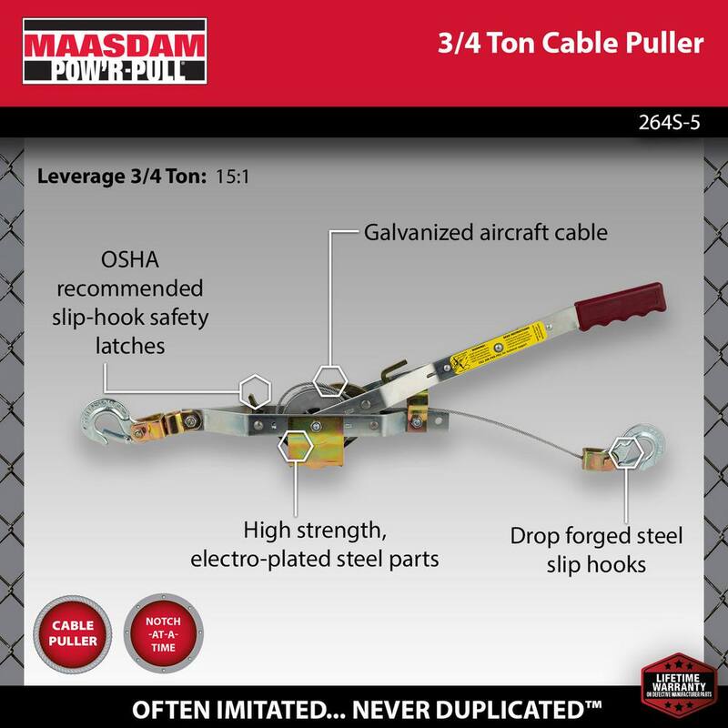 Maasdam Pow'R Pull 1,500 lb. 3/4-Ton Capacity 22 ft. Max Lift 15:1 Leverage Winch Puller Come Along Tool with Included Cable - 264S-5