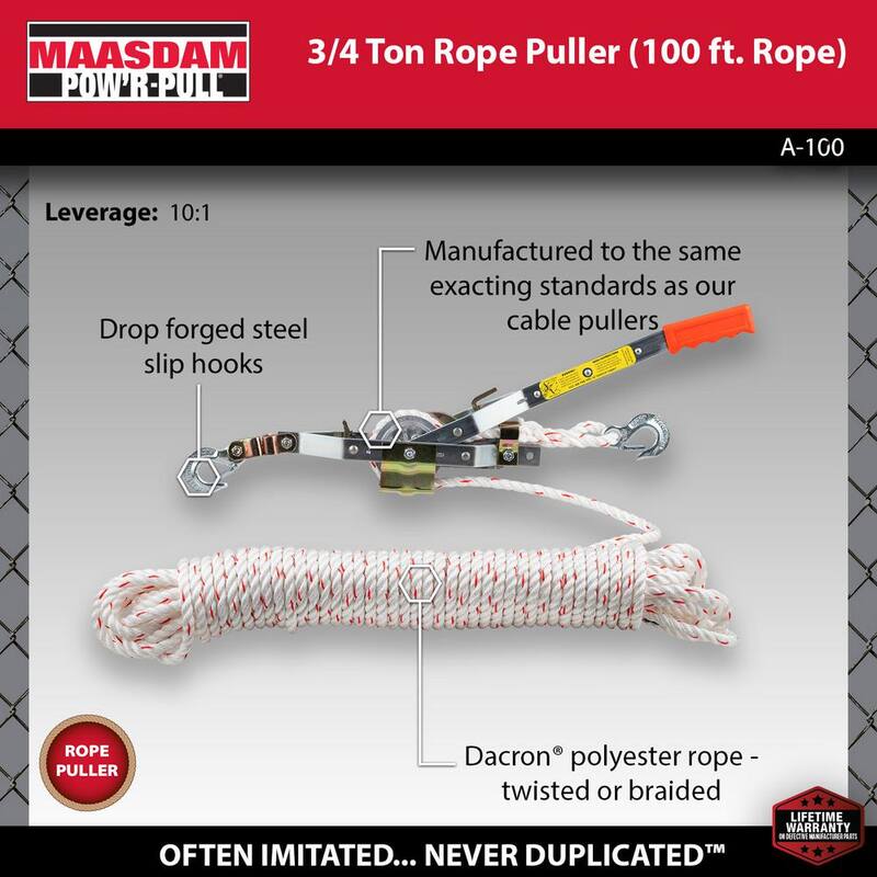 Maasdam Pow'R Pull 1,500 lb. 3/4 Ton Capacity 10:1 Leverage Rope Puller Come Along Tool with 100 ft. of Highway Approved Rope - A-100