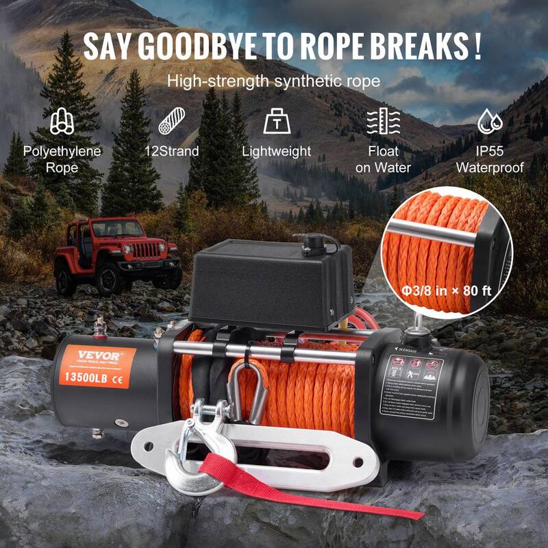VEVOR Electric Winch, 13,500 lbs., 12V DC Truck Winch with Φ3/8 in. x 80 ft. Synthetic Rope Aluminum Fairlead Remote Control - DDHCSJPYXWXYBQ8X5V9