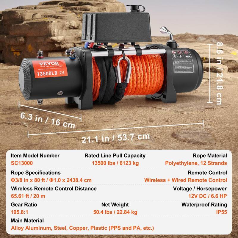 VEVOR Electric Winch, 13,500 lbs., 12V DC Truck Winch with Φ3/8 in. x 80 ft. Synthetic Rope Aluminum Fairlead Remote Control - DDHCSJPYXWXYBQ8X5V9