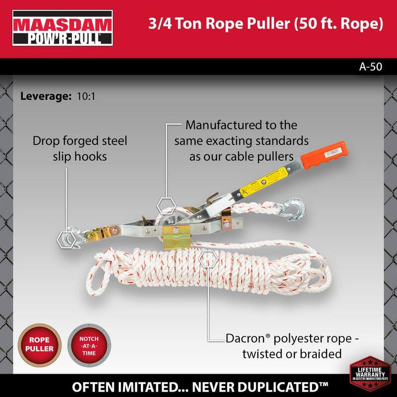 Maasdam Pow'R Pull 1,500 lb. 3/4 Ton Capacity 10:1 Leverage Rope Puller Come Along Tool with 50 ft. of Highway Approved Rope - A-50