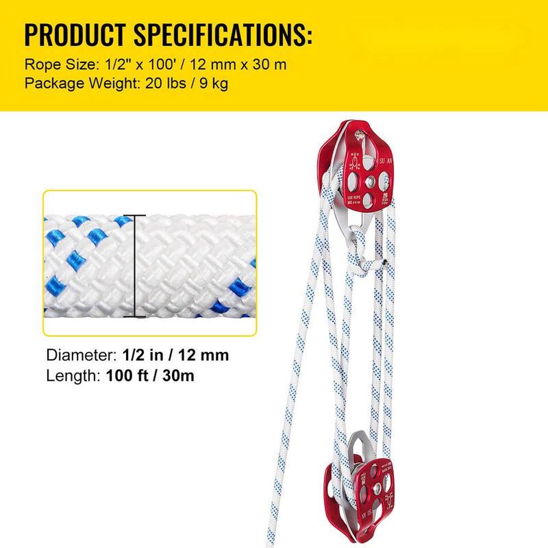 VEVOR Double Braid Rope Pulley 1/2 in. x 100 ft. Twin Sheave Block and Tackle with Braid Rope 7,700 lbs. Breaking Strength - SHLSJTZ12MM30MJLSV0