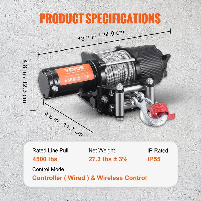 VEVOR Electric Winch 4500 lbs. Load Capacity Vehicles Winch with 39 ft. Steel Cable and Wireless Handheld Remote - GSSJPGSSYCYCAZZ41V9