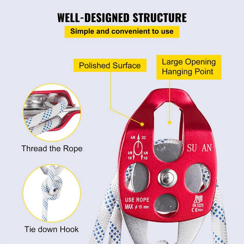 VEVOR 200 ft. L Twin Sheave Block and Tackle 6600 lbs. Capacity Double Pulley Rigging with Braid Rope for Climbing, Red - SHLSJTZ11MM61MJLSV0