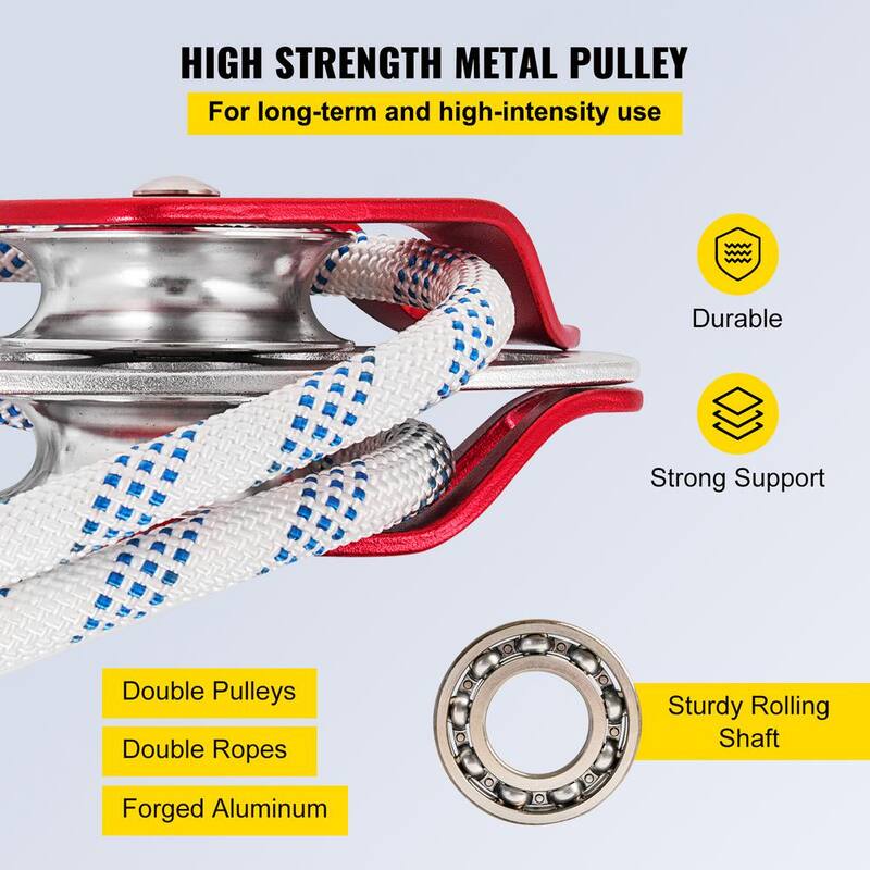 VEVOR 200 ft. L Twin Sheave Block and Tackle 6600 lbs. Capacity Double Pulley Rigging with Braid Rope for Climbing, Red - SHLSJTZ11MM61MJLSV0