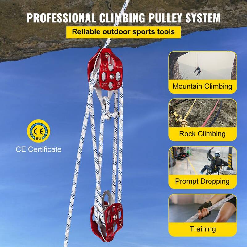 VEVOR 200 ft. L Twin Sheave Block and Tackle 6600 lbs. Capacity Double Pulley Rigging with Braid Rope for Climbing, Red - SHLSJTZ11MM61MJLSV0