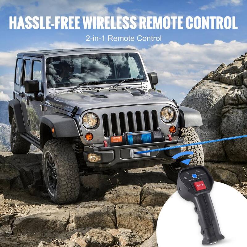 VEVOR Electric Winch 8000 lbs. Load Capacity 85 ft. Nylon Rope ATV Winch with Wireless Handheld Remote and Hawse Fairlead - DDHCSJPHCSYCY7YP5V9