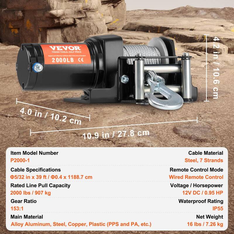 VEVOR Electric Winch, 2000 lbs. Line Pull Capacity, 12-Volt DC ATV/UTV Winch with Φ5/32 in. x 39 ft. 7 Cable Remote Control - ATVGSSJP2000PXII1V9
