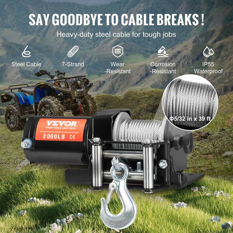 VEVOR Electric Winch, 2000 lbs. Line Pull Capacity, 12-Volt DC ATV/UTV Winch with Φ5/32 in. x 39 ft. 7 Cable Remote Control - ATVGSSJP2000PXII1V9