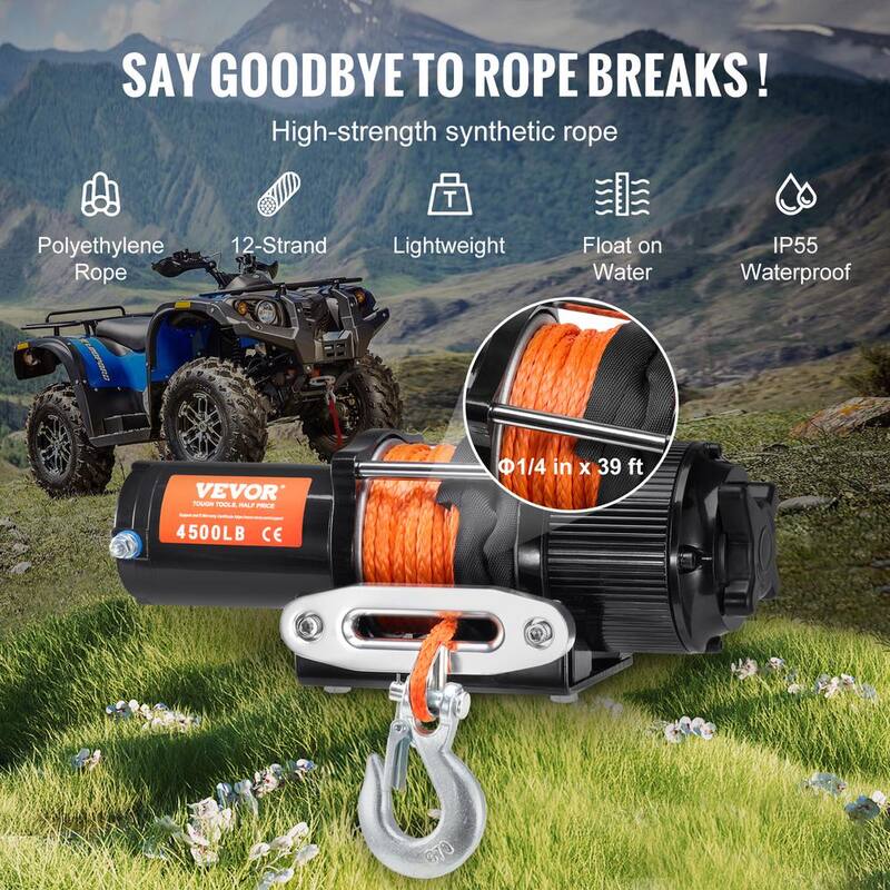 VEVOR Electric Winch, Universal 4500 lbs. 12V DC ATV/UTV Winch with Φ1/4 in. x 39 ft. 12 Strands Wired Remote Control - ATVHCSJPYXWXMCF1OV9