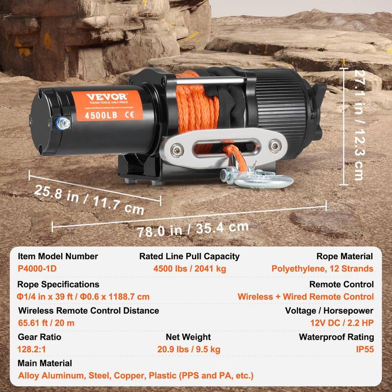 VEVOR Electric Winch, Universal 4500 lbs. 12V DC ATV/UTV Winch with Φ1/4 in. x 39 ft. 12 Strands Wired Remote Control - ATVHCSJPYXWXMCF1OV9