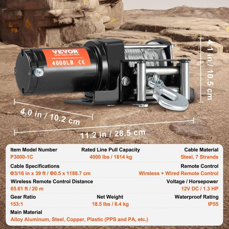 VEVOR Electric Winch, 4000 lbs. Line Pull Capacity, 12V DC ATV/UTV Winch with Φ3/16 in. x 39 ft. 7 Strands Steel Cable Roller - ATVGSSJPYXWXEJRPBV9