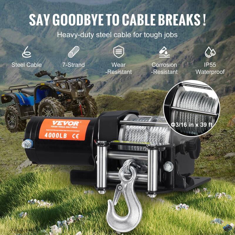 VEVOR Electric Winch, 4000 lbs. Line Pull Capacity, 12V DC ATV/UTV Winch with Φ3/16 in. x 39 ft. 7 Strands Steel Cable Roller - ATVGSSJPYXWXEJRPBV9
