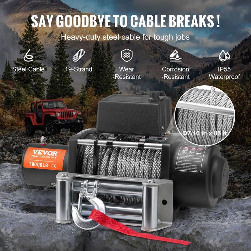 VEVOR Electric Winch, 18,000 lbs., 12V DC Truck Winch with Φ7/16 in. x 85 ft. Steel Cable Roller Fairlead Wireless and Wired - DDGSSJPYXWXYMXBC5V9
