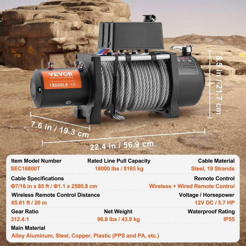 VEVOR Electric Winch, 18,000 lbs., 12V DC Truck Winch with Φ7/16 in. x 85 ft. Steel Cable Roller Fairlead Wireless and Wired - DDGSSJPYXWXYMXBC5V9