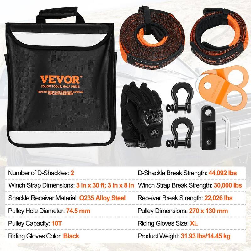 VEVOR Off-Road Recovery Kit, 3 in., Heavy Duty Winch Recovery Kit with 30000 lbs. Tow Straps, 44092 lbs. D-Ring Shackles - JPJYGJB8J000SBO12V0-802