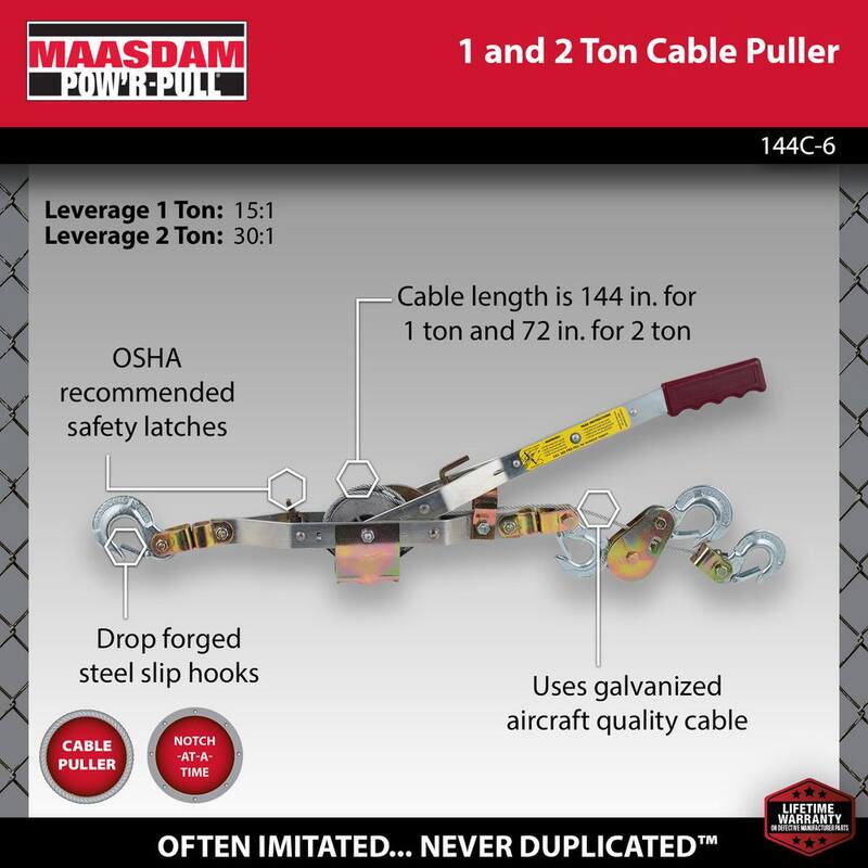 Maasdam Pow'R Pull 1 to 2-ton Capacity Convertible Winch Puller Come Along Tool with Included Cable - 144C-6