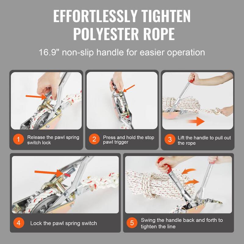 VEVOR Rope Puller, 3/4 T (1,653 lbs.) Pulling Capacity, with 100ft. of 0.6 in. Dia Rope, 2 Hook, Come Along Winch, Heavy Duty - DLSJXQ34T100P5QJIV0-819
