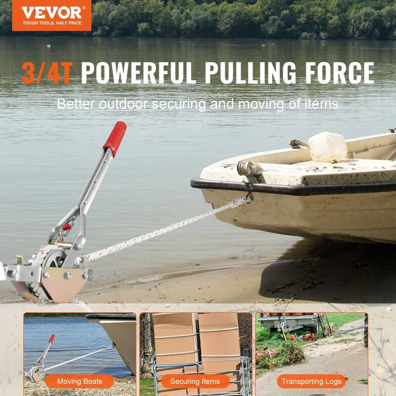 VEVOR Rope Puller, 3/4 T (1,653 lbs.) Pulling Capacity, with 100ft. of 0.6 in. Dia Rope, 2 Hook, Come Along Winch, Heavy Duty - DLSJXQ34T100P5QJIV0-819
