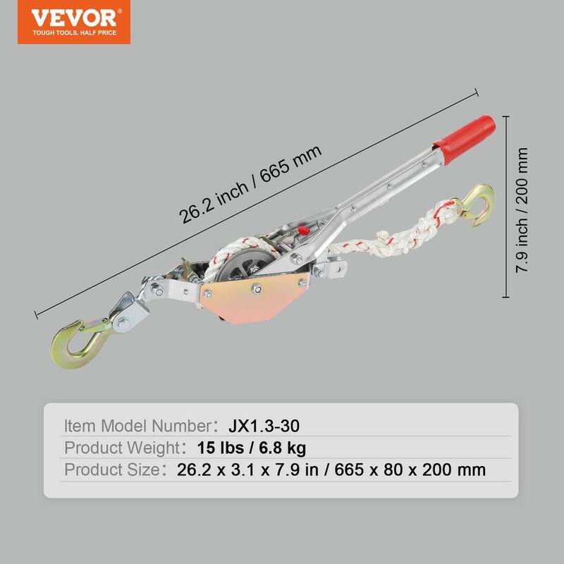 VEVOR Rope Puller, 3/4 T (1,653 lbs.) Pulling Capacity, with 100ft. of 0.6 in. Dia Rope, 2 Hook, Come Along Winch, Heavy Duty - DLSJXQ34T100P5QJIV0-819