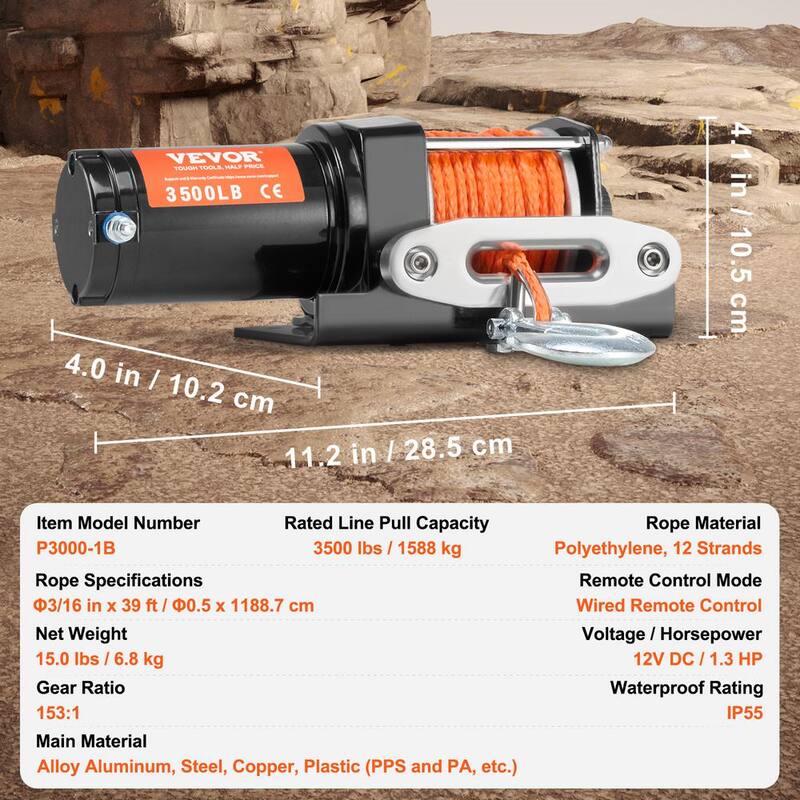 VEVOR Electric Winch Universal Wire Rope 3500 lb. Winch with 3/16 in. x 39 ft. 12 Strands Synthetic Rope Aluminum - ATVHCSJPYXYKT38ASV9
