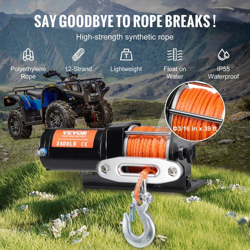 VEVOR Electric Winch Universal Wire Rope 3500 lb. Winch with 3/16 in. x 39 ft. 12 Strands Synthetic Rope Aluminum - ATVHCSJPYXYKT38ASV9