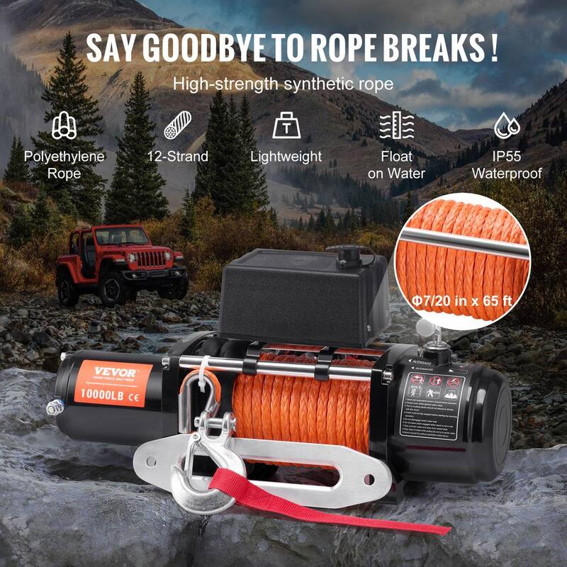 VEVOR Electric Winch, 10,000 lbs., 12-Volt DC Truck Winch with Φ7/20 in. x 65 ft. Synthetic Rope Aluminum Fairlead Wireless - DDHCSJPYXWXYX3JLDV9