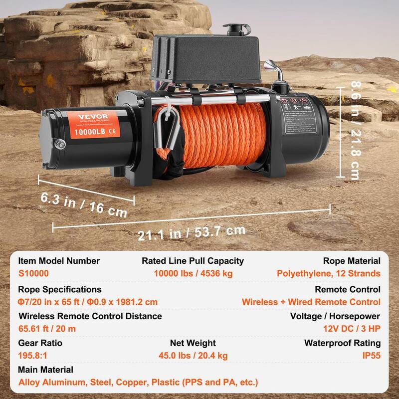 VEVOR Electric Winch, 10,000 lbs., 12-Volt DC Truck Winch with Φ7/20 in. x 65 ft. Synthetic Rope Aluminum Fairlead Wireless - DDHCSJPYXWXYX3JLDV9