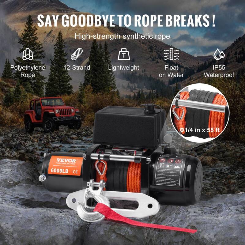 VEVOR Electric Winch, 6000 lbs., 12V DC Truck Winch with Φ1/4 in. x 55 ft. Synthetic Rope Aluminum Fairlead Wireless and Wired - DDHCSJPYXWXYZAFQNV9