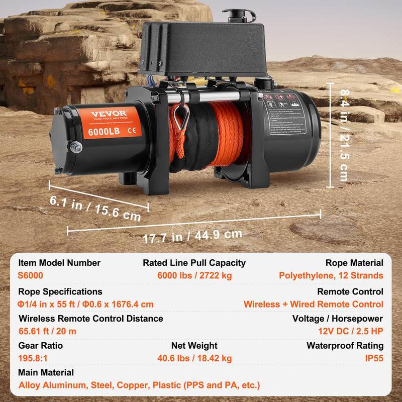 VEVOR Electric Winch, 6000 lbs., 12V DC Truck Winch with Φ1/4 in. x 55 ft. Synthetic Rope Aluminum Fairlead Wireless and Wired - DDHCSJPYXWXYZAFQNV9