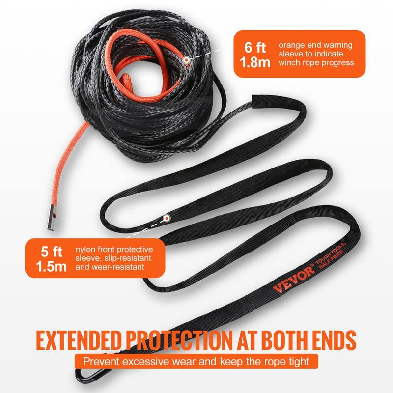 VEVOR Synthetic Winch Rope, 3/8 in. x 85 ft. 26,500 lbs. Synthetic Winch Line Cable Rope with Protective Sleeve Forged Hook - HCJPSJYX38INE838IV0-726