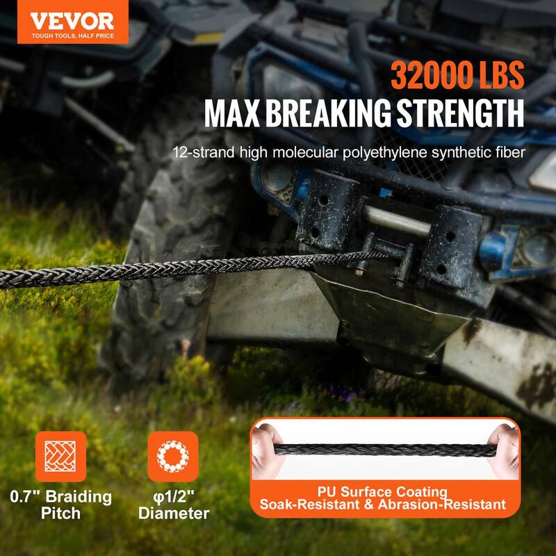 VEVOR Synthetic Winch Rope, 1/2 in. x 92 ft. 32,000 lbs. Synthetic Winch Line Cable Rope with Protective Sleeve Forged Hook - HCJPSJYX12IN5PYEKV0-726