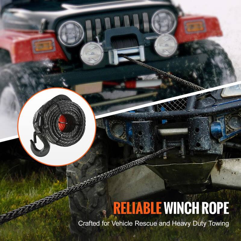 VEVOR Synthetic Winch Rope, 3/8 in. x 100 ft. 26,500 lbs. Synthetic Winch Line Cable Rope with Protective Sleeve Forged Hook - HCJPSJYX38IN93VS7V0-726