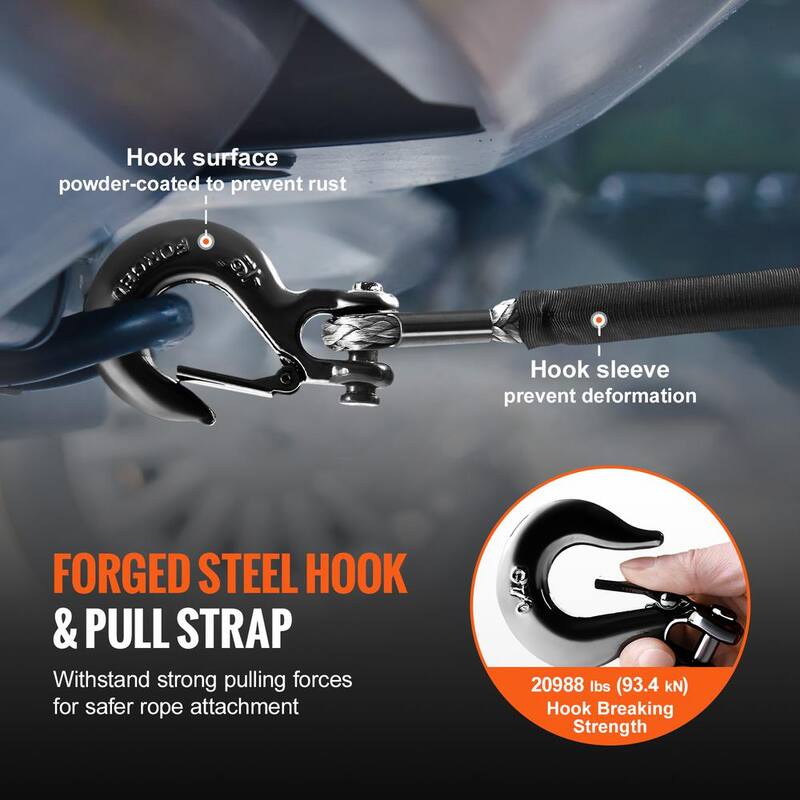 VEVOR Synthetic Winch Rope, 3/8 in. x 100 ft. 26,500 lbs. Synthetic Winch Line Cable Rope with Protective Sleeve Forged Hook - HCJPSJYX38IN93VS7V0-726