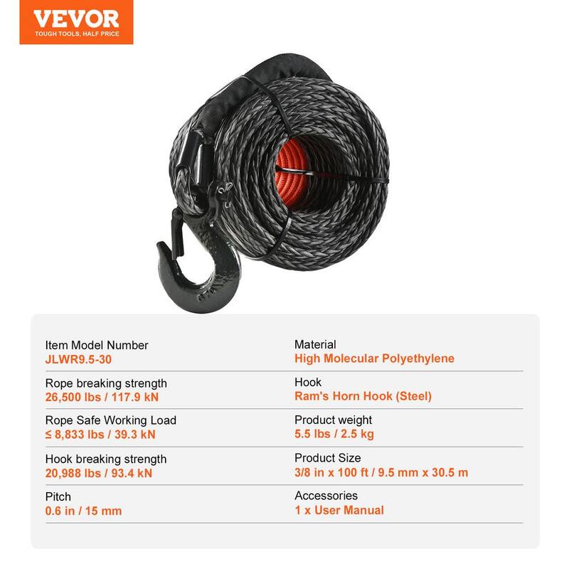 VEVOR Synthetic Winch Rope, 3/8 in. x 100 ft. 26,500 lbs. Synthetic Winch Line Cable Rope with Protective Sleeve Forged Hook - HCJPSJYX38IN93VS7V0-726