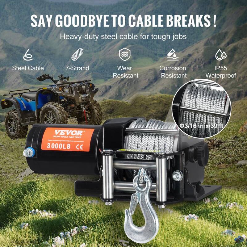 VEVOR Electric Winch, 3000 lbs. Line Pull Capacity, 12-Volt DC ATV/UTV Winch with Φ3/16 in. x 39 ft. 7 Wired Remote Control - ATVGSSJPYXYK43JX7V9
