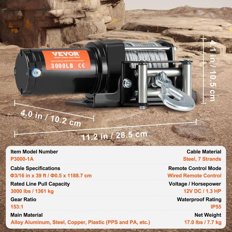 VEVOR Electric Winch, 3000 lbs. Line Pull Capacity, 12-Volt DC ATV/UTV Winch with Φ3/16 in. x 39 ft. 7 Wired Remote Control - ATVGSSJPYXYK43JX7V9