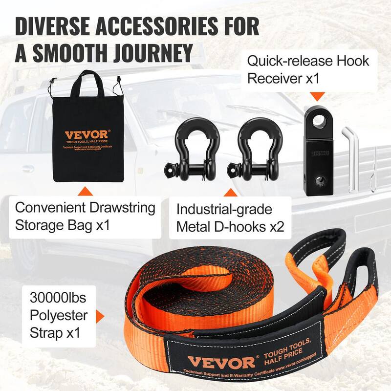 VEVOR Off-Road Recovery Kit, 3 in., Heavy Duty Winch Recovery Kit with 30,000 lbs. Tow Strap, 44,092 lbs. D-Ring Shackles - JPJYGJB5J0005FPT8V0-802
