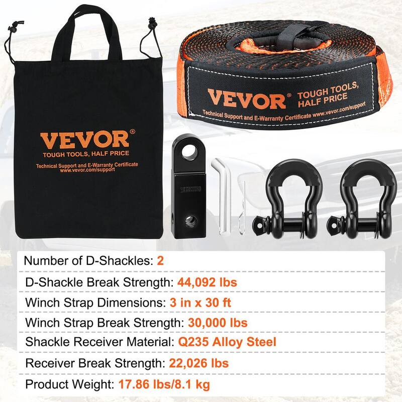 VEVOR Off-Road Recovery Kit, 3 in., Heavy Duty Winch Recovery Kit with 30,000 lbs. Tow Strap, 44,092 lbs. D-Ring Shackles - JPJYGJB5J0005FPT8V0-802