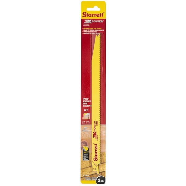 Starrett 3X Power - Wood Bi-Metal, Reciprocating Blades, 12" X 3/4 X .050 X 6 Tpi, Tapered Shape, 2 Pack - BT126-2