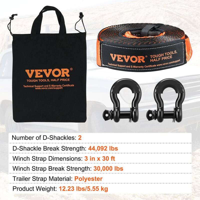 VEVOR Off-Road Recovery Kit, 3 in., Heavy Duty Winch Recovery Kit with 30,000 lbs. Capacity, Polyester Tow Strap, Shackles - JPJYGJB4J000Y9QTFV0-802