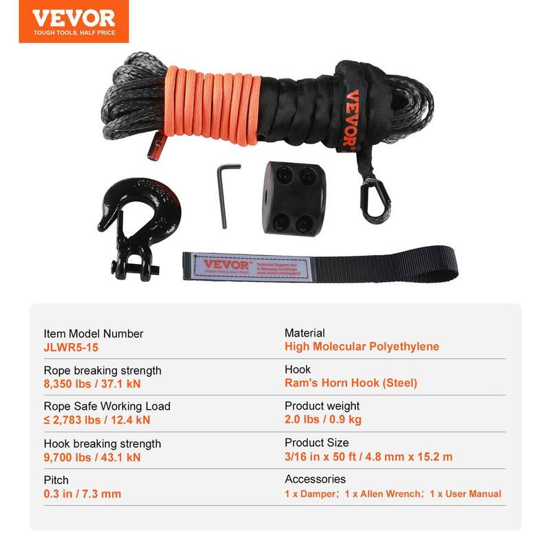 VEVOR Synthetic Winch Rope, 3/16 in. x 50 ft. 8,350 lbs. Synthetic Winch Line Cable Rope with Protective Sleeve Stopper - HCJPSJYX316I5PLNEV0-726