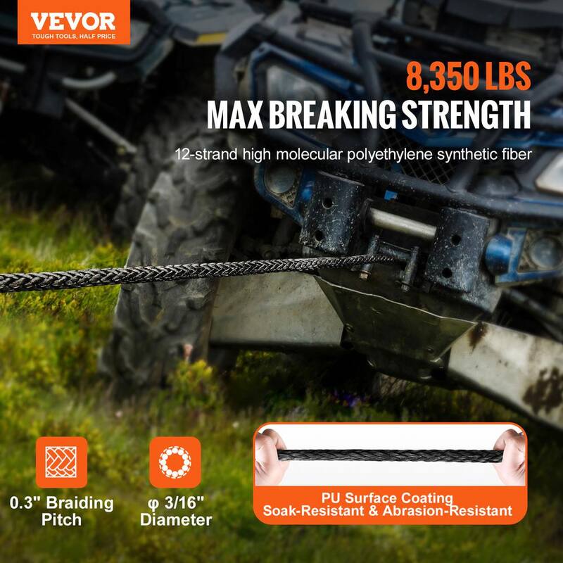 VEVOR Synthetic Winch Rope, 3/16 in. x 50 ft. 8,350 lbs. Synthetic Winch Line Cable Rope with Protective Sleeve Stopper - HCJPSJYX316I5PLNEV0-726